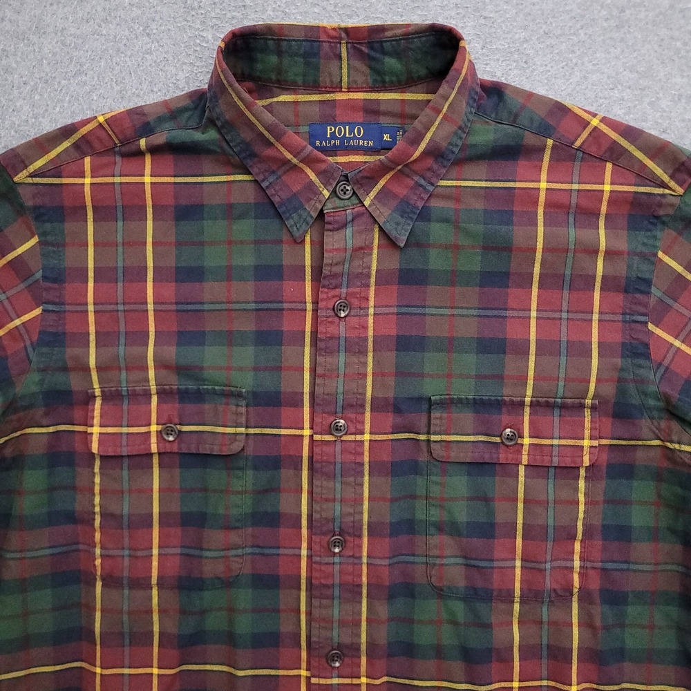 Polo Ralph Lauren Shirt Mens XL Green Red Tartan Plaid Elbow Patches Button Down
